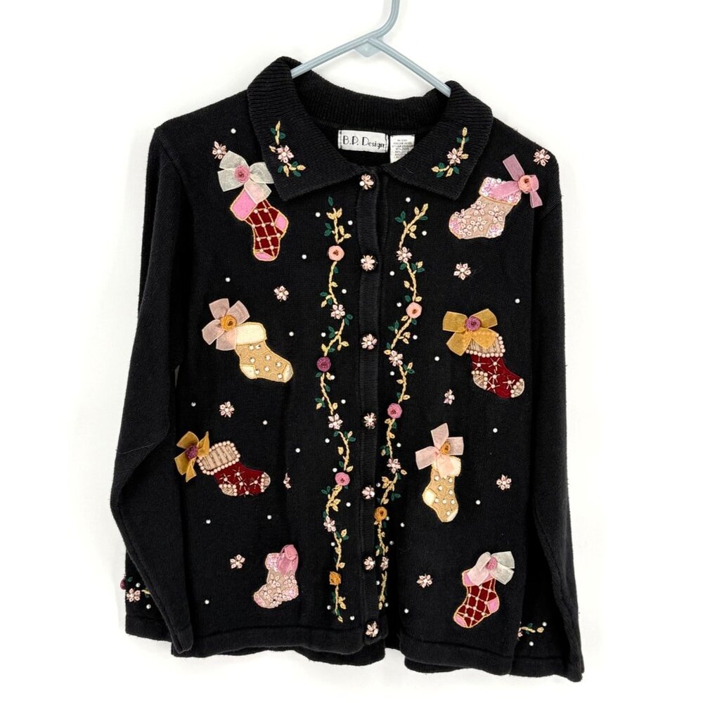 Holiday-Themed B.P. Design Embroidered Cardigan Sweater M - Cotton/Acrylic Blend
